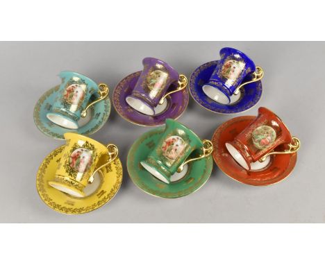 A Bremer &amp; Schmidt Porcelain Coffee Set of Six Cans and Six Saucers Decorated in the Viennese Style with Printed Classica