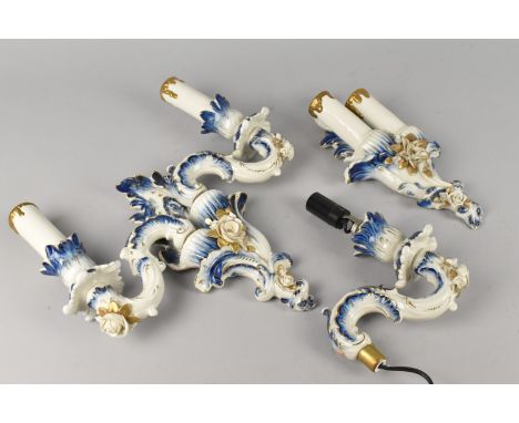 A German Porcelain Two Branch Light Fitting of Scrolled Ornate Form with Gilt and Blue Highlights Together with Matching Scon