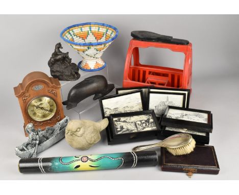 A Collection of Various Sundries to Comprise Framed Miniature Prints, Bentima Quartz Mantel Clock, Bronzed Resin Terrier Grou