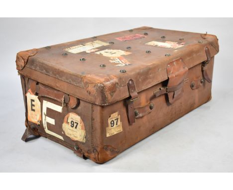 A Vintage Leather Travelling Trunk with Union Castle and Other Shipping Line Labels, 84cms Wide