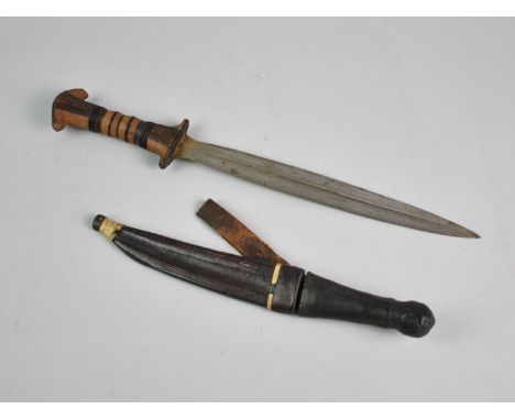 Two Vintage Daggers, One with Wooden Handle, Shorter with Leather Handle and Scabbard, Longest 35cms