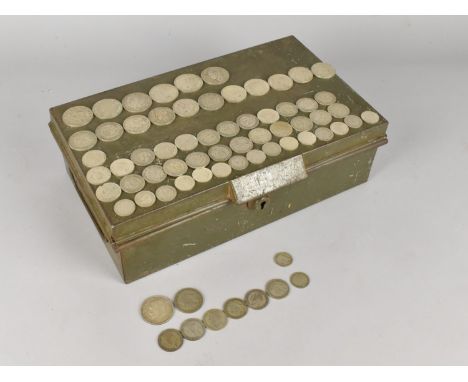 A Vintage Green Painted Cash Tin Containing Edward VII, George V and George VI Coinage to Include Half Crowns, Florins, One S