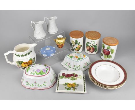 A Collection of Various Ceramics to Comprise Portmeirion Pomona Storage Pots, Jug, Butter Dish and Cover, Parian Jugs, Wedgwo
