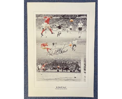 Sir Geoff Hurst signed 20x14 colourised montage print pictured scoring his hat trick in the 1966 World Cup Final. Good condit