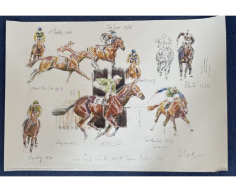 Horse Racing Jockey Lester Piggott Signed Limited Edition 152/600 Colour 35x24 Inch Print Titled 8 Derby Winners. Signed in p