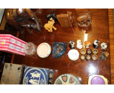 A Poole pottery bowl; an Art Glass bowl; cut glass powder bowl and cover; various cat ornaments etc. 