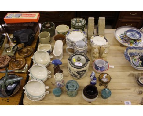 A Victorian biscuit barrel; a Copeland biscuit barrel; Poole pottery vase; Mary Gregory style trinket box; and other decorati