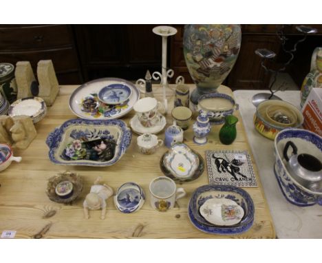 A large oriental vase converted to a table lamp; various blue and white china; various ornaments etc. 