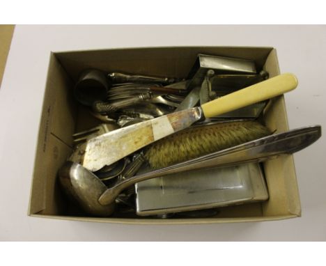 A box containing silver and  silver plated items to include cutlery, cigarette case, brush etc. 