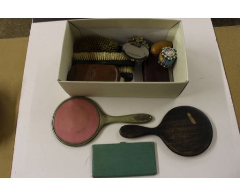 A box containing cigar case, cigarette case, miniature Barbola type mirror, dressing table items etc. 