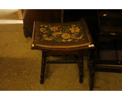 A bobbin turned stool with tapestry seat
