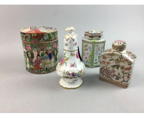 EARLY 20TH CENTURY CHINESE FAMILLE ROSE TEA CADDY, of cylindrical form, 15cm high, along with two others and a Hammersley 'Dr