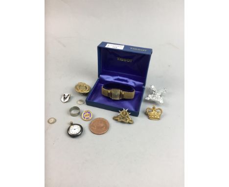LADY'S TISSOT WRIST WATCH, circa 1960's,along with a group of military badges, silver three pennies and a Victorian fob watch