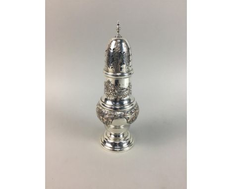 SILVER PLATED SUGAR CASTER, of baluster form, 22cm high, along with a silver napking ring, a silver plated salver, raised on 