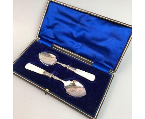 PAIR OF SILVER PLATED SPOONS, with mother of pearl handles, in fitted case, along with six other sets of plated cutlery in fi