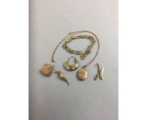 LOT OF GOLD AND OTHER JEWELLERY, including a gate bracelet, pendants and earrings