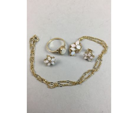 OPAL PENDANT, set with five oval opals, marked 375 to reverse, on unmarked chain, along with a nine carat gold opal ring and 