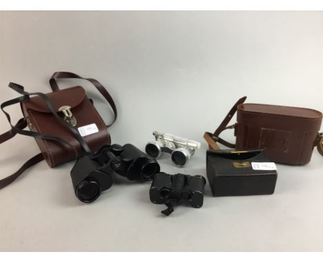 PAIR OF EARLY 20TH CENTURY GILT METAL AND MOTHER OF PEARL OPERA GLASSES, along with a pair of field binoculars, other cased b