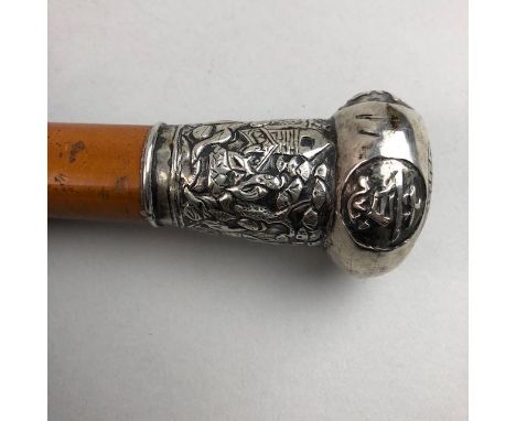 19TH CENTURY MALACCA WALKING STICK, with Chinese silver handle embossed with figures and four character roundels, 91cm long