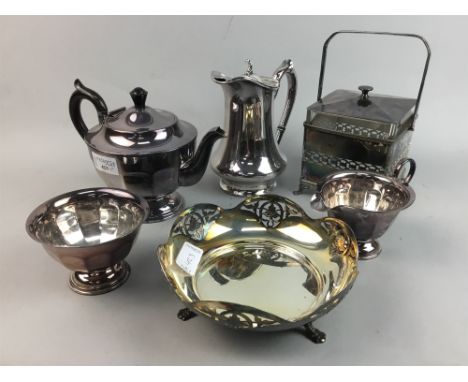 THREE PIECE PLATED TEA SERVICE, along with other plated wares
