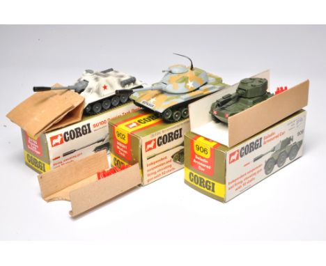 Corgi trio of diecast model tanks, all with ammunitions as shown. Display very good to excellent in very good to excellent bo