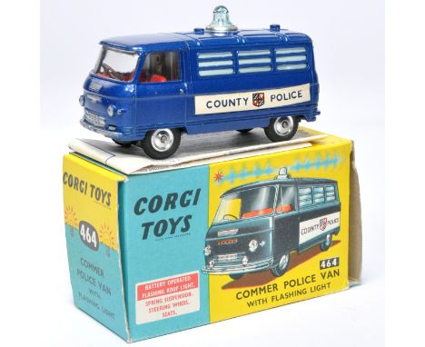 Corgi No. 464 Commer Police Van with Flashing Light. Blue, with red interior. Chrome hubs. Displays excellent, with little si