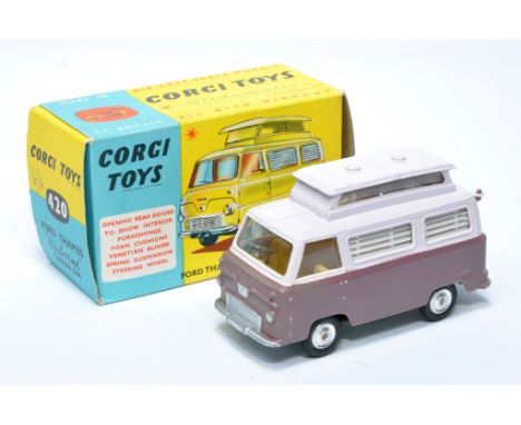 Corgi No. 420 Ford Thames Airbourne Caravan. Two tone mauve &amp; dark purple with yellow interior. Chrome hubs. Displays exc