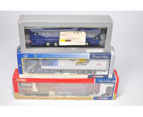 Corgi Diecast Model Trucks comprising sets in the livery of MAN and Emerson plus Scania Coach. Look to be without obvious sig