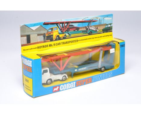 Corgi Super Juniors No. 2002 Hoynor MKII Car Transporter. Husky issue in white, orange and blue. Displays excellent with litt