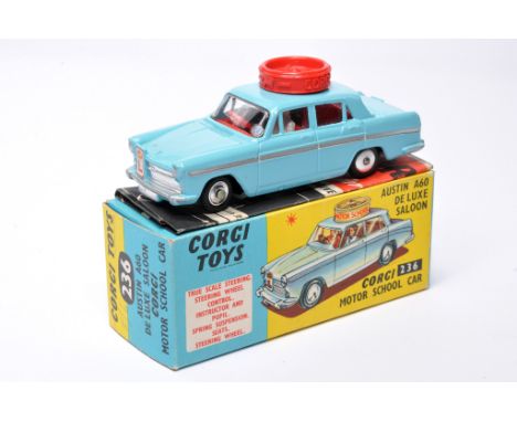 Corgi No. 236 Austin A60 Deluxe Saloon, Motor School Car. Light blue, silver trim with red interior. Chrome hubs. Displays ex