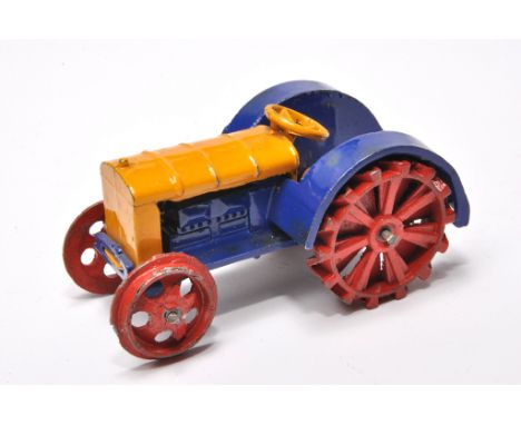 Dinky no. 22e pre-war Farm Tractor. Issue is blue and yellow with red wheels. Displays very good to excellent with mostly min