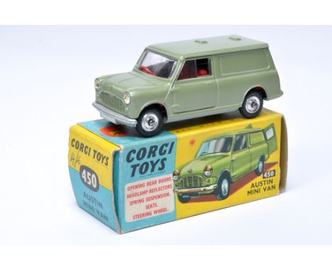 Corgi No. 450 Austin Mini Van. Metallic Sage green with red interior, unpainted grill plus chrome hubs. Displays excellent wi
