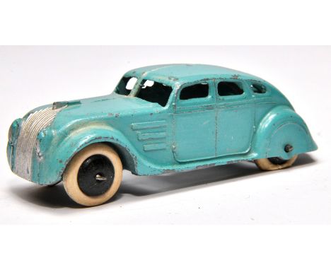 Dinky no. 22h pre-war Streamlined Saloon. Issue is light blue with silver trim. Displays generally good (for age) with some m