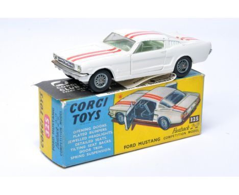 Corgi No. 320 Ford Mustang Fastback 2+2 Competition Model. White / Red Stripes with pale blue interior. Displays very good to