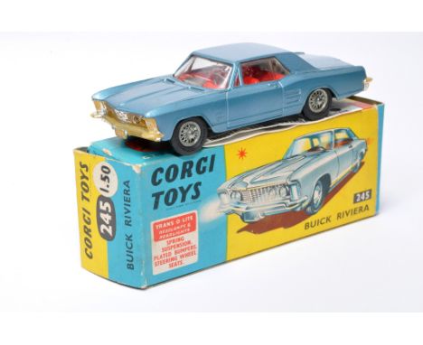 Corgi No. 245 Buick Riviera. Metallic blue, red interior. Wire hubs. Displays good to very good, let down by notable chrome l
