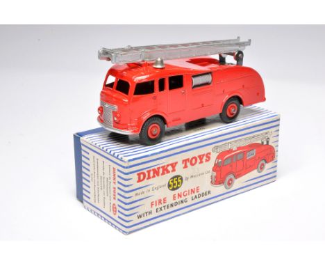 Dinky no. 555 Fire Engine with extending ladder. Red, inc hubs. Silver ladder. Displays very good to excellent, with minor si
