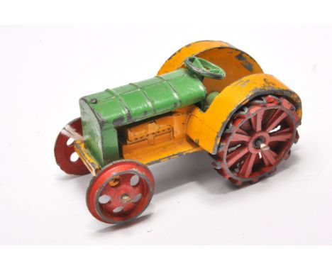 Dinky no. 22e pre-war Farm Tractor. Issue is green and yellow with red wheels. Displays fair with some notable signs of wear 