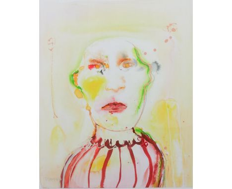 Whitney McVeigh, American (1968) coloured portrait, watercolor, acrylic and mixed media on canvas, signed. H.88 W.75.5cm 