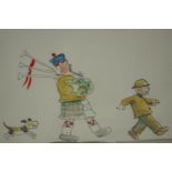 Michael Foreman (b.1938), illustration with a bagpipe player, watercolour and pen, signed lower
