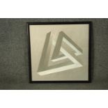 A framed and glazed metallic print of an optical illusion of two interlinked triangles. Stamped to