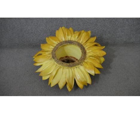 Delphin Massier-A large 19th century French Art Nouveau hand painted majolica sunflower planter, signed to the base, Valluris
