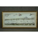 A large framed and glazed hand coloured engraving of a scene of the Thames with various places