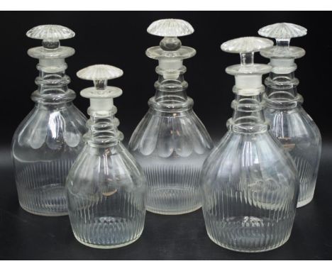Collection five Georgian glass decanters including near set of 4 decanters, each with 3 ringed neck, (1 with rim chip to neck