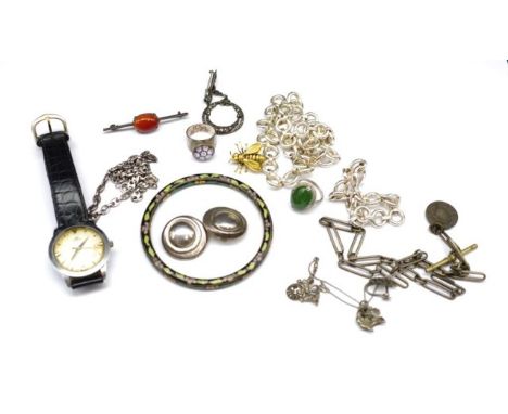 Silver and other jewellery group includes ear clips, chain necklaces, rings, a fob chain all with silver marks. Approx weight