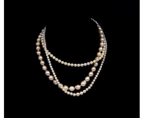 Three 20th C. cultured pearl necklaces includes a baroque pearl choker with a silver clasp length 40cm, a 5.8mm round pearl c