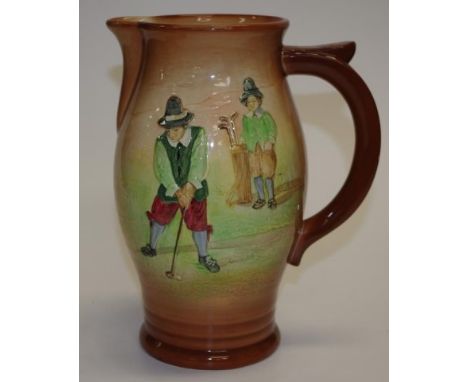 Royal Doulton golfing series jug C1937, no: D5716, all decorated in low relief golfer &amp; his caddy, after designs by Charl