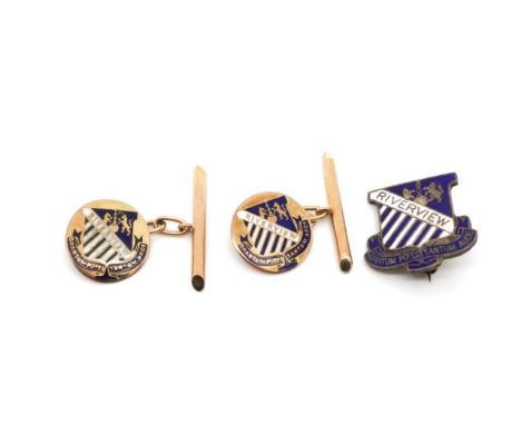 Riverview School enamel and gold cufflinks as well as a enamelled silver pin. The rose gold cufflinks are marked 9ct Angus &a