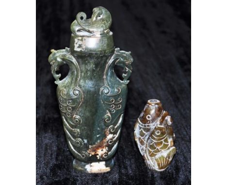 Chinese carved jade archaic style lidded bottle carved elephant handles, carved bird to lid finial, (height  20cm approx); to