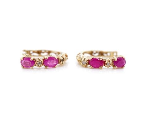 Ruby and diamond set 10ct rose gold earrings half hoop huggies marked 10k. Approx weight 1.7 grams