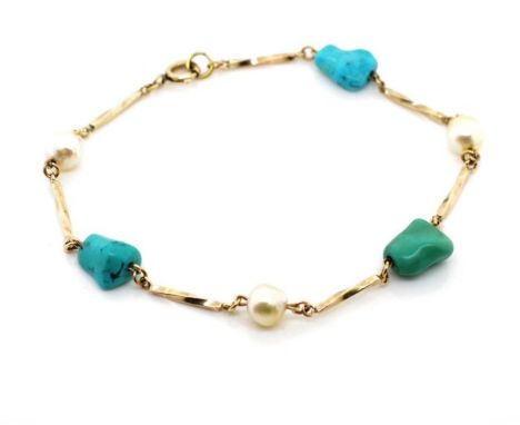 Turquoise, pearl and gold bracelet unmarked. with spring ring clasp. Approx length 19cm, total weight 4.7 grams . Metal tests